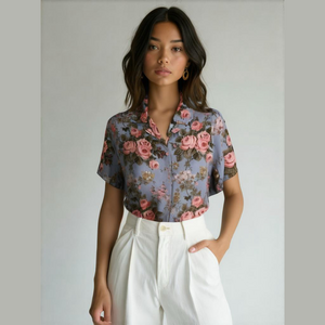Vintage Bechamel Ladies Blue Floral Shirt Rose Print Blouse • short sleeve